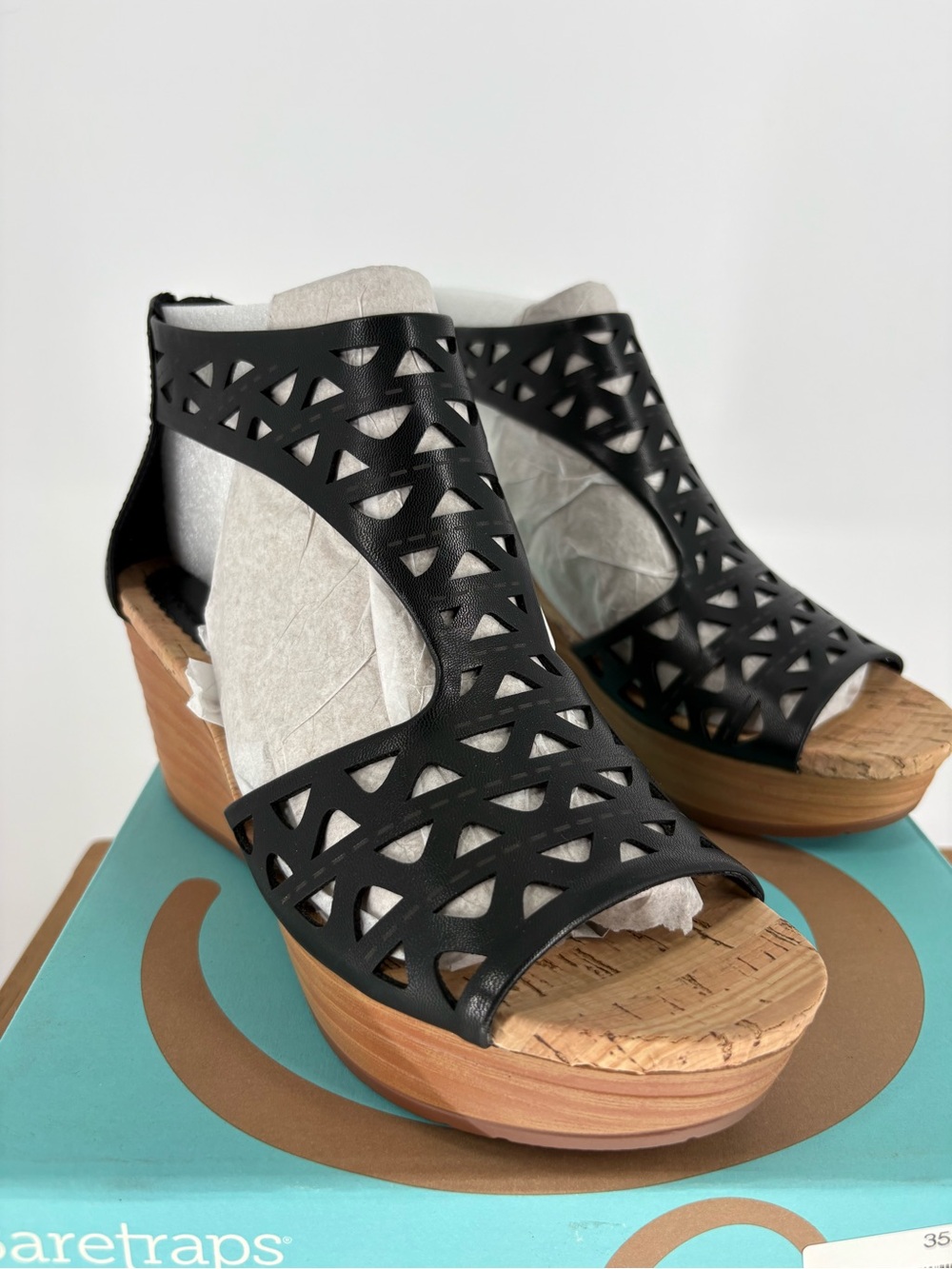 New womenβs MIRIAM Bare-straps Black Laser-Cut Wedge Sandals Size 8 M